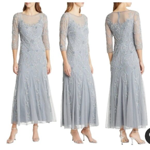 Pisarro Nights Dress 8 Sea Blue Sequin Beaded Wedding Party Formal NEW $268